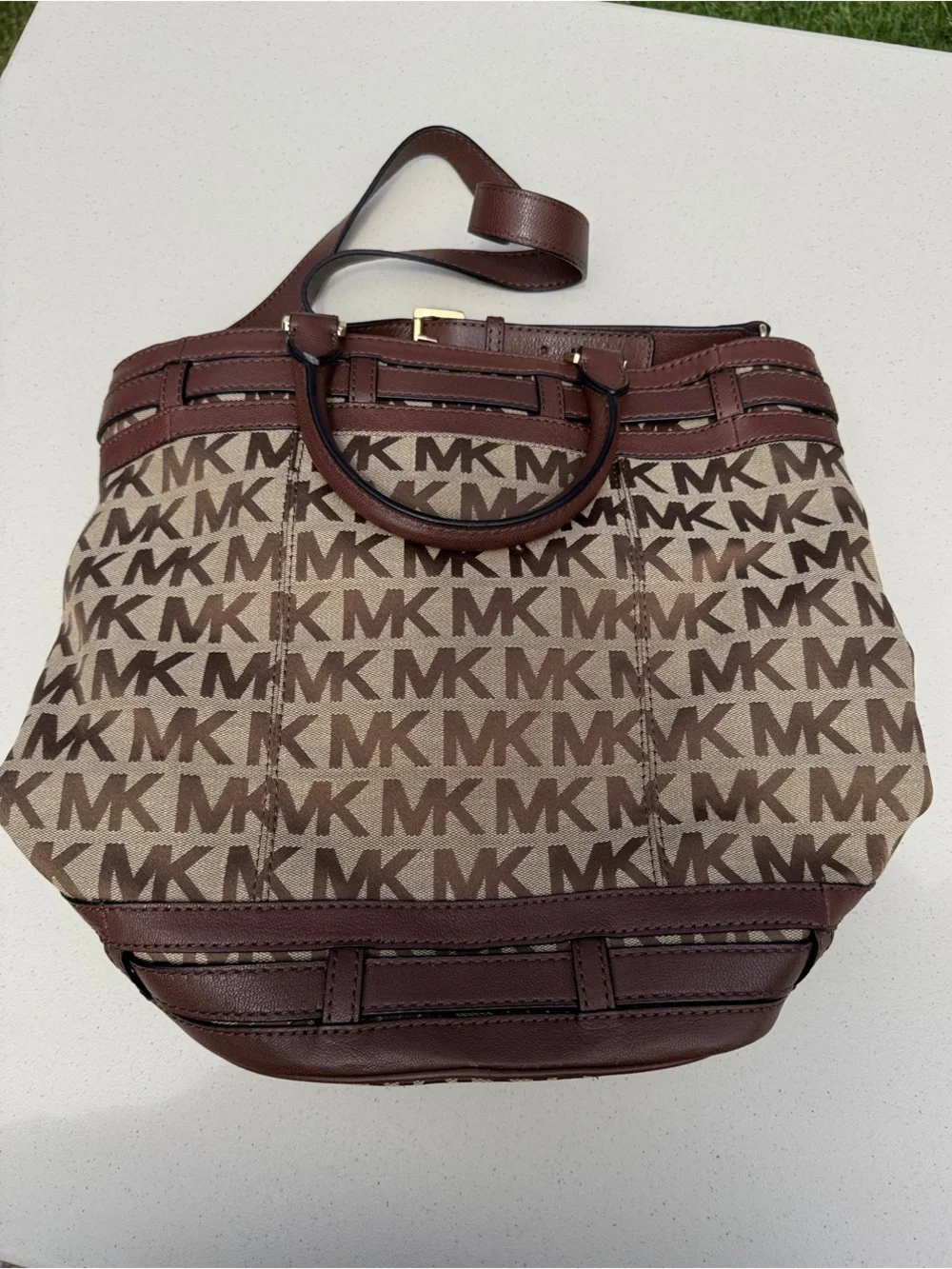 Michael Kors Brown and Tan MK Logo Messenger Tote
